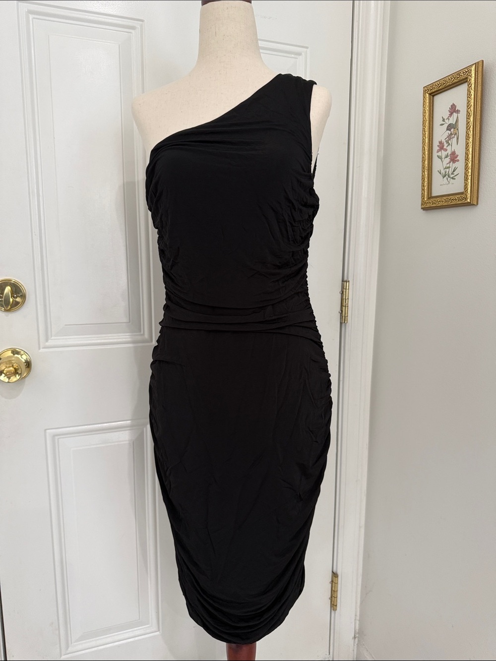 H&M Black One-Shoulder Ruched Midi Dress sz M